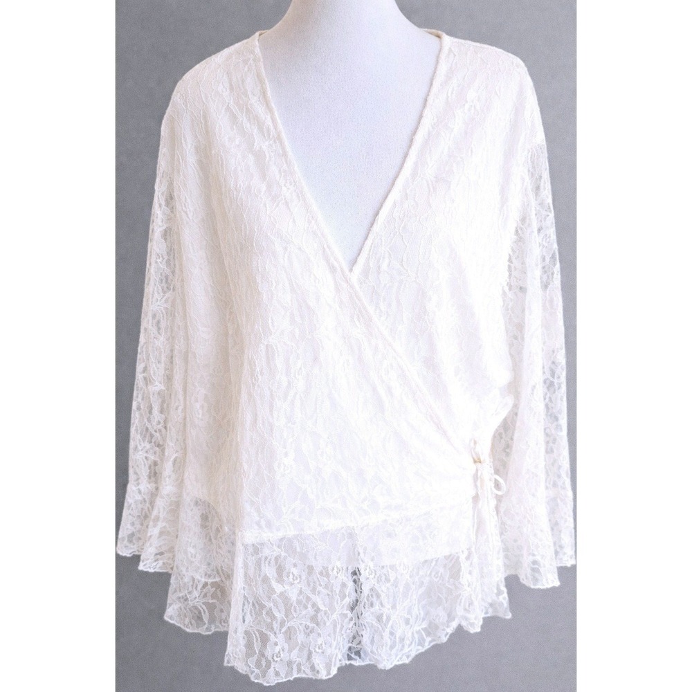VTG 90s Ashley Stewart White Floral Lace Wrap Top 22/24 Plus Made in USA Coquett